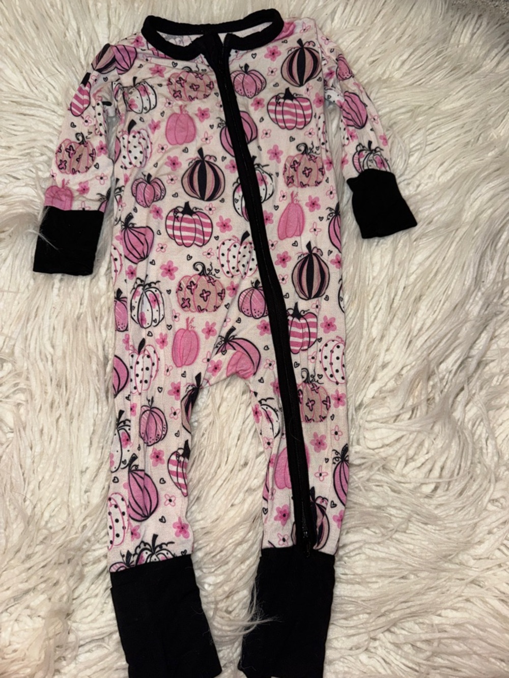 Pink Pumpkin-Print Kids Footie Pajamas with Black Trim